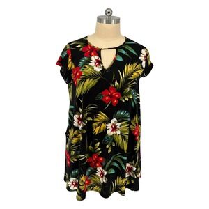 Vibe Sportswear Shift Dress Black Tropical Floral Keyhole Pockets 2X